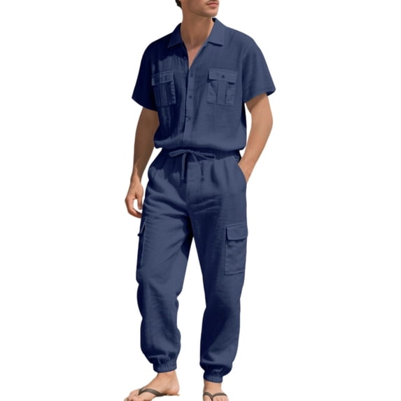 Eryao Mens 2 Piece Jogger Set Cotton Linen Short Sleeve Button Down Tops Matching Elastic Waist Jogger Pants with Pockets Loose Comfy Outdoor Lounge Sets,Navy,XXL