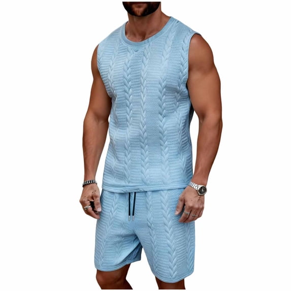 Eryao Mens 2 Piece Sets Summer Casual Jacquard Vest Tops and Elastic Waist Drawstring Shorts with Pockets Lightweight Beach Vacation Lounge Suits,Sky Blue,XXL