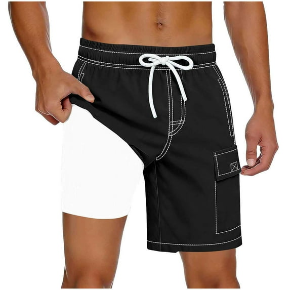 Eryao Mens 2 in 1 Swim Trunks Lightweght Breathable Board Shorts with Compression Liner Stretch Casual Athletic Drawstring Shorts,Black,S