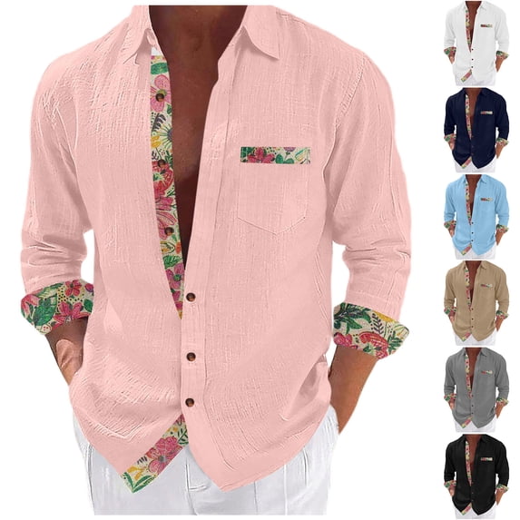 Eryao Mens 2025 Hawaiian Print Long Sleeve Button Down Shirts Shirt Beach Holiday Casual Tees with Pocket,Light Blue,M