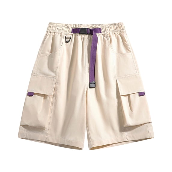 Eryao Mens Belted Cargo Shorts with Pockets Elastic Waist Knee Length Pants Loose Casual Outdoor Hiking Shorts,Beige,L