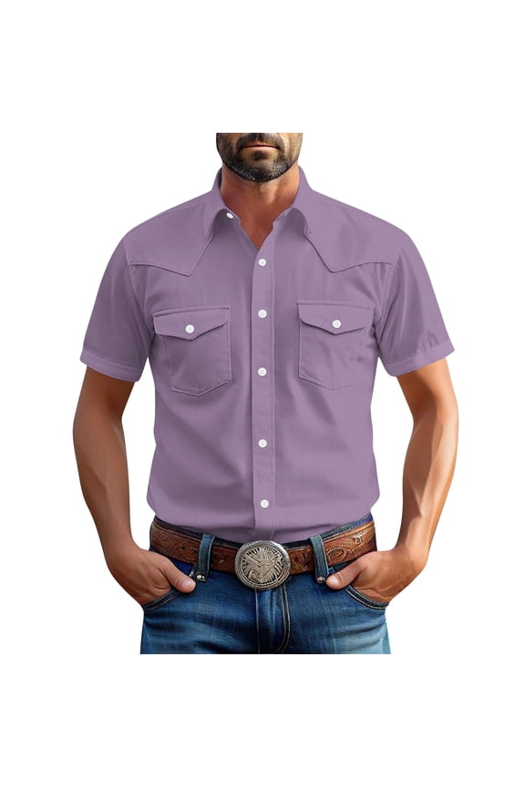 Mens Big and Tall Western Shirts Vintage Short Sleeve Pearl Snap Button Up Two Pockets Casual Summer Work Cowboy Top 2026 Purple,S