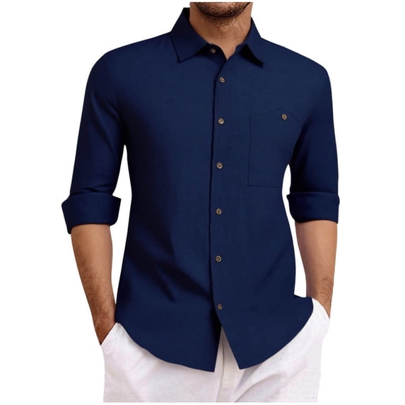 Eryao Mens Button Down Business Casual Shirts Long Sleeve Lapel Collar Lightweight Solid Work Blouses,Navy,M