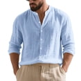 thumbnail image 1 of Eryao Mens Casual Long Sleeve Button Down Shirts Linen Cotton Stand Collar Beach Blouse Lightweight Breathable Summer Tops,Light Blue,S, 1 of 6