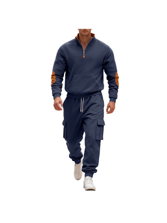 Mens Casual Sweat Suits 2 Piece Set Big and Tall Tracksuit Set Quarter Zip Sweatshirt with Contrast Elbow Patches & Multi‑Pocket Cargo Jogger Pants Loose Athletic Outfit Navy,S