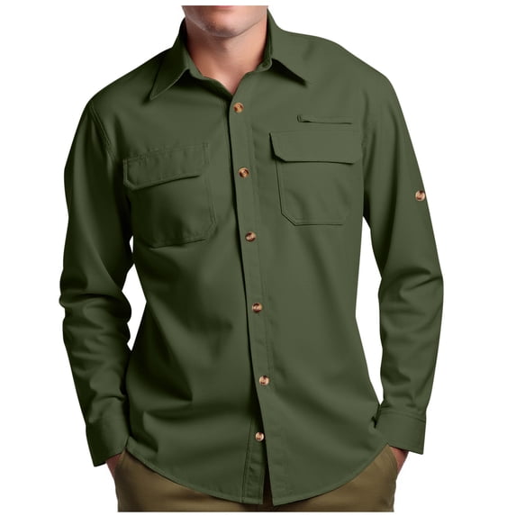 Eryao Mens Fishing Shirts Long Sleeve Button Up Outdoor Hiking Cargo Shirt with Pockets Quick Dry Tactical Work Travel Shirt Army Green,S
