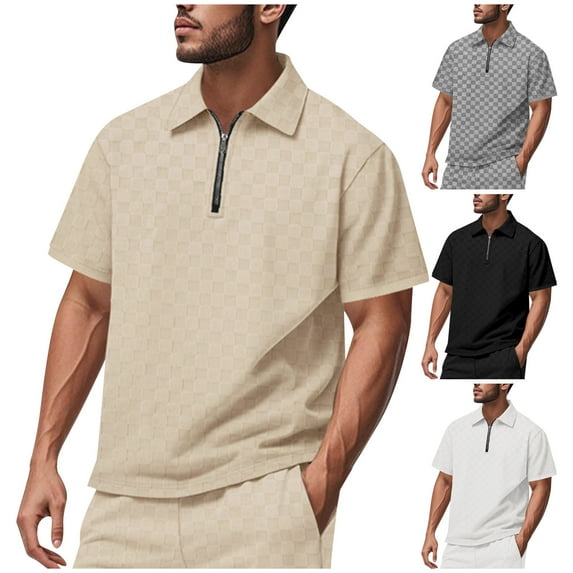 Eryao Mens Golf Shirts Turndown Collar Zipper Short Sleeve Workout Tee Shirt Classic Plaid Stretch Tunic Tops 90% off Clearance Sale,Gray,S