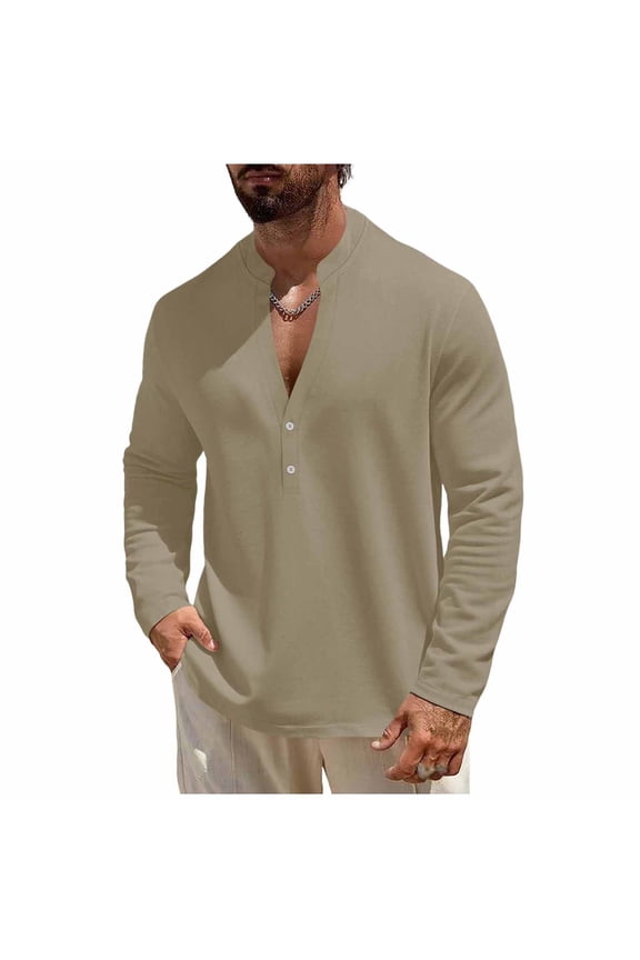 Mens Henley Shirts Long Sleeve Half Button Linen Stand Collar Casual Tops Lightweight Solid Color Cotton Tee,Khaki,M