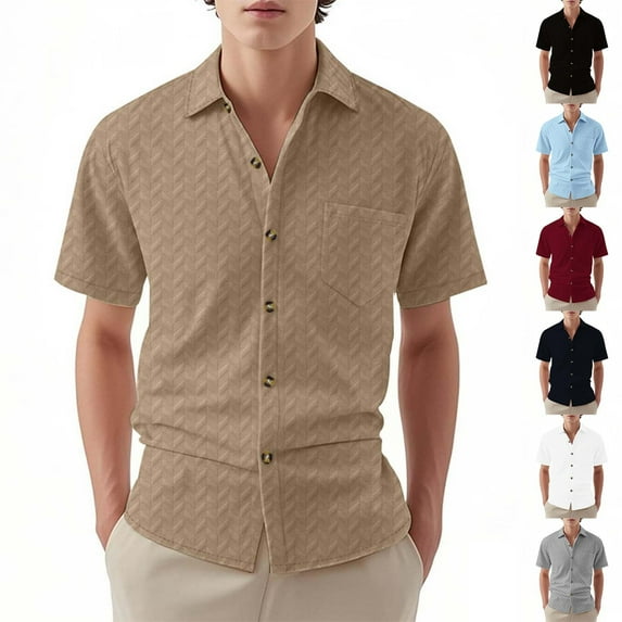 Eryao Mens Jacquard Shirt Textured Short Sleeve Button Down Shirts Summer Casual Solid Color Lapel Collar Blouse with Pocket ,White,S