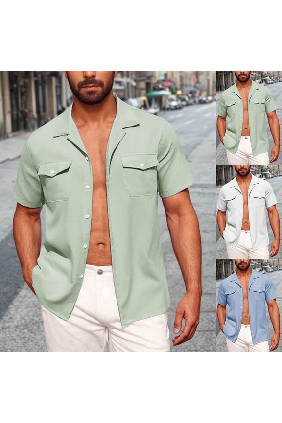 Mens Linen Button Down Shirts with Pockets Short Sleeve Beach Vacation Blouses Casual Solid Color Basic Tees with Pockets,White,XXXL