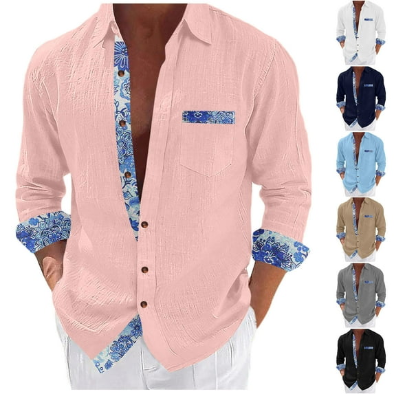 Eryao Mens Linen Long Sleeve Button Down Beach Shirt Floral Patchwork Lapel Collar Shirts Casual Lightweight Blouses,Navy,XXL