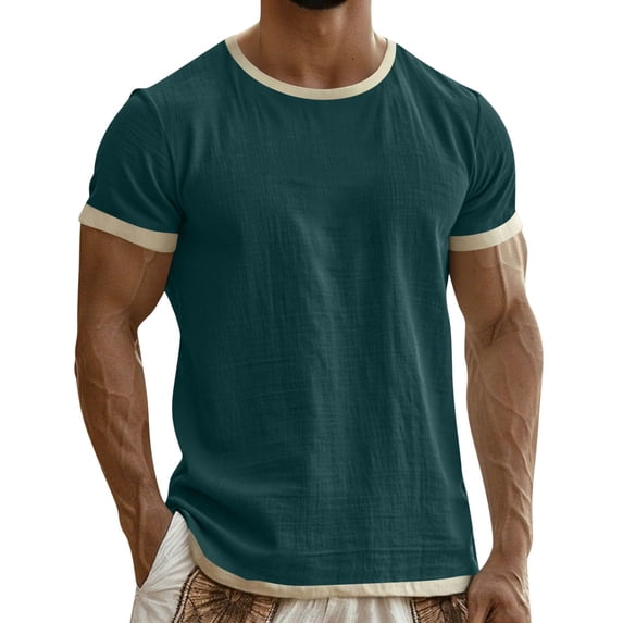 Eryao Mens Linen Summer T Shirts Muscle Fit Tops Short Sleeve Crewneck Tshirt Basic Athletic Fitness Workout Tees Green,XXL
