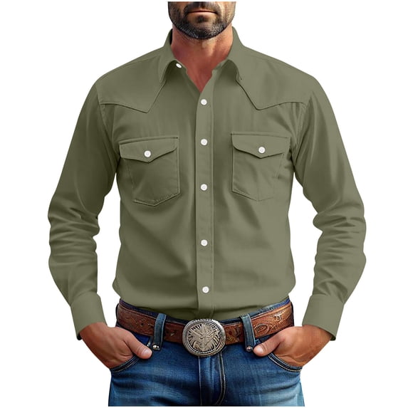 Eryao Mens Long Sleeve Button Down Casual Dress Shirt Solid Color Beach Wedding Tops with Pockets,Army Green,XL