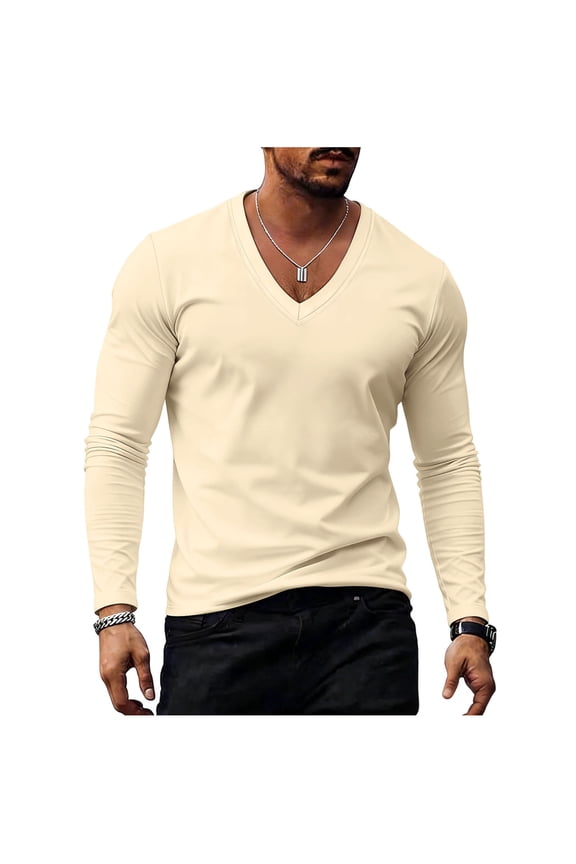 Mens Long Sleeve V Neck Shirts V Neck Curved Hem T-Shirt Casual Raglan Shirts Stretch Breathable Basic Plain Layer Tops Khaki,S