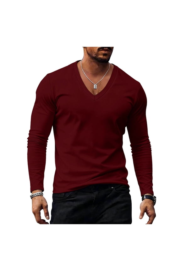 Mens Long Sleeve V Neck Shirts V Neck Curved Hem T-Shirt Casual Raglan Shirts Stretch Breathable Basic Plain Layer Tops Wine,S