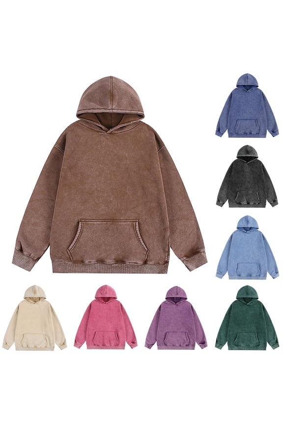 Mens Oversized Hoodies Pullover Long Sleeve Solid Color Hoodie Streetwear Casual Vintage Hooded Sweatshirt,Coffee,M