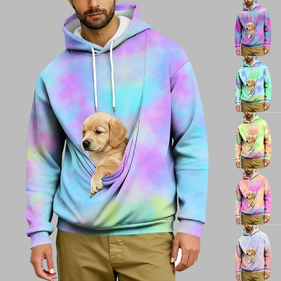 Eryao Mens Pet Carrier Hoodie Tie Dye Dog Pouch Sweatshirts Fleece Lined Long Sleeve Drawstrinf Pullover Tops with Kangaroo Pocket,Purple,L