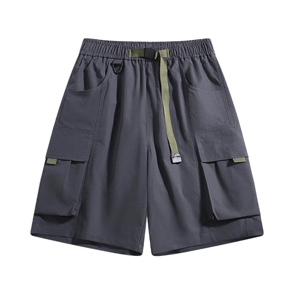 Eryao Mens Quick Dry Belted Cargo Shorts Elastic Waist Knee Length Pants Lightweight Loose Outdoor Shorts with Pockets,Gray,S