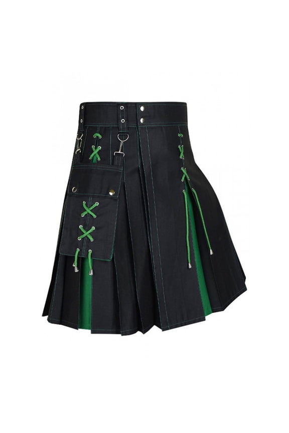 Mens Retro Work Utility Kilt Scottish Vintage Highland Sturdy Pleated Skirt with Cargo Pockets,Green,XXL