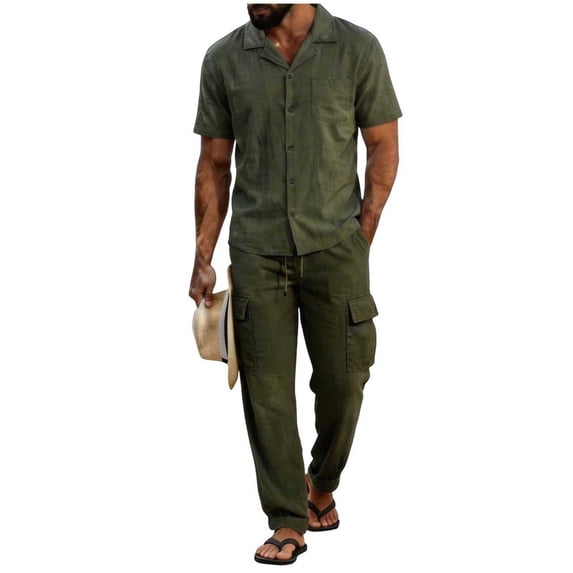 Eryao Mens Sets 2 Piece Outfits Casual Button Down Short Sleeve Shirts Matching Cargo Pants with Pockets Lightweight Breathable Athletic Workout Sets,Army Green,M