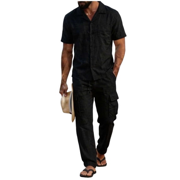 Eryao Mens Sets 2 Piece Outfits Summer Casual Short Sleeve Button Down Shirts and Drawstring Cargo Pants with Pockets Lightweight Breathable Athletic Workout Sets,Black,M