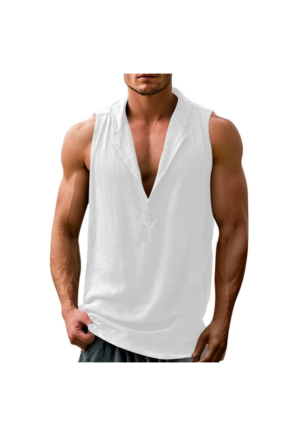 Mens Sleeveless Linen Shirt Cotton Muscle Tank Tops Lightweight Breathable V Neck Lapel Tee Shirts,White,XXL