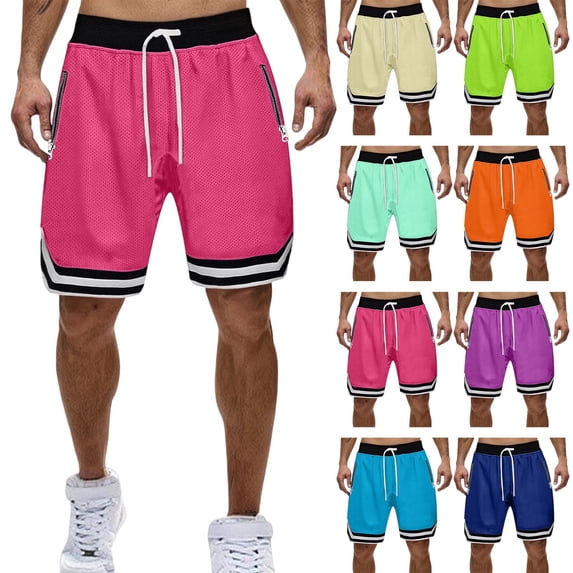 Eryao Mens Striped Basketball Shorts Casual Elastic Waist Drawstring Shorts with Zipper Pockets Lightweight Breathable Workout Pants,Purple,L