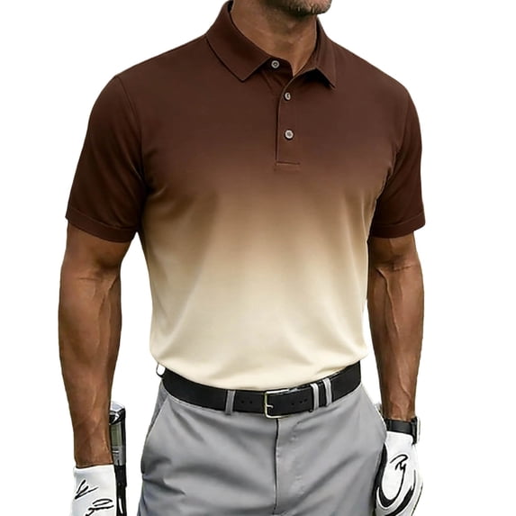 Eryao Mens Summer Golf Shirts Short Sleeve Gradient Color Gym Workout T-Shirt Button Collared Business Work Tops Big and Tall Khaki,M