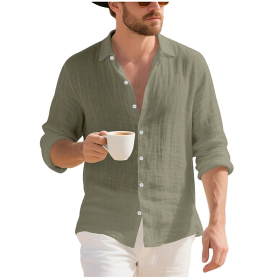 Eryao Mens Summer Linen Shirts Long Sleeve Button Down Casual Tops Lightweight Solid Color Beach Blouses,Army Green,XL