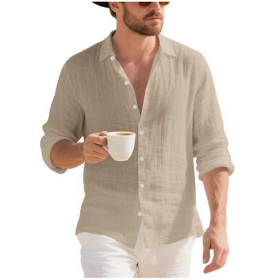 Eryao Mens Summer Linen Shirts Long Sleeve Button Down Casual Tops Lightweight Solid Color Beach Blouses,Khaki,S