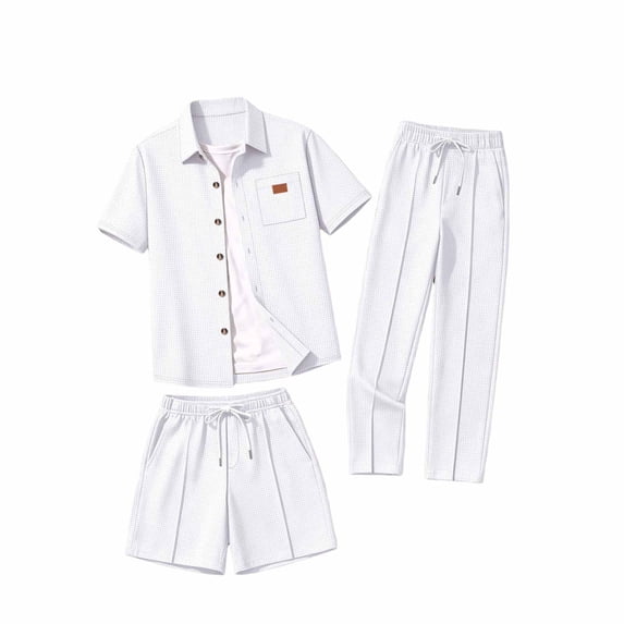 Eryao Mens Summer Lounge Sets Casual 3 Piece Waffle Knit Short Sleeve Button Down Shirts Matching Pants and Shorts with Pockets,White,L