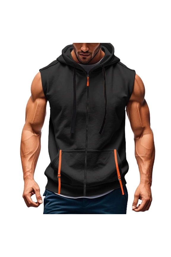 Mens Zip Up Sleeveless Hoodies Workout Gym Athletic Running Muscle Shirts Lightweight Drawstring Tank Tops with Pockets,Black,L
