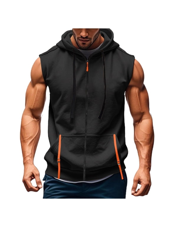 Mens Zip Up Sleeveless Hoodies Workout Gym Athletic Running Muscle Shirts Lightweight Drawstring Tank Tops with Pockets,Black,L