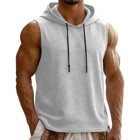 Eryao Muscle Hooded Gym Tank Tops for Men Workout Lightweight Drawstring Sleeveless Summer Hoodie Bodybuilding Cut Off Hoodies Gray,XS