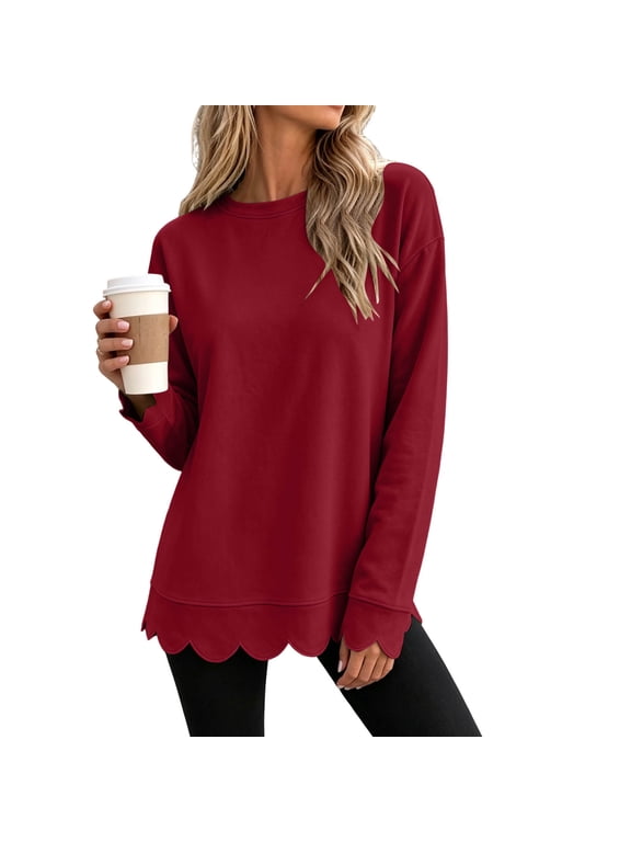Oversized Crew Neck Sweatshirts Women Fall Winter Lightweight Baggy Athletic Sweatshirt Scalloped Casual Long Sleeve Pullover Tops Wine,S