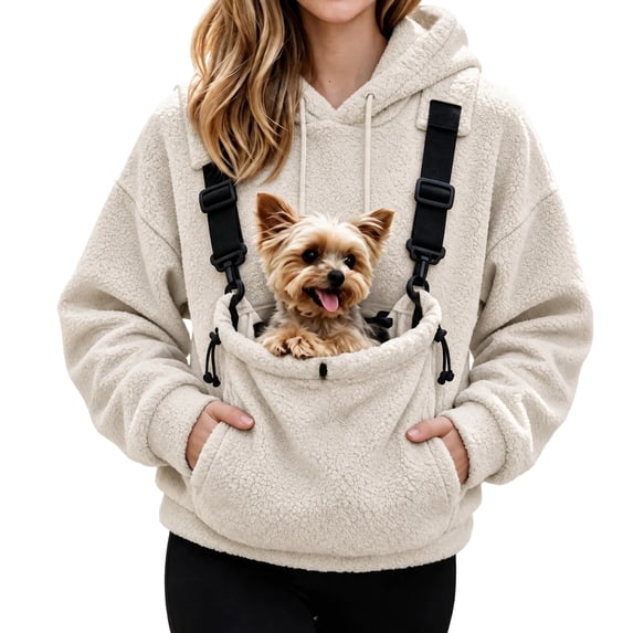 Eryao Pet Hoodie Carrier Pouch Women Winter Fuzzy Fleece Animal Carrying Hoodies with Adjustable Strap Kangaroo Pocket Warm Plus Size Pullover Sweatshirts for Small Dog Cat Holder Khaki,XXXL