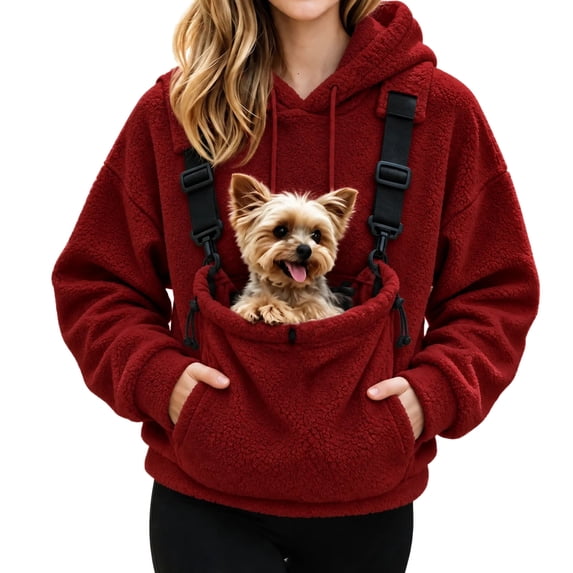 Eryao Pet Hoodie Carrier Women Winter Fuzzy Fleece Animal Carrying Hoodies with Adjustable Strap Kangaroo Pouch Warm Plus Size Pullover Sweatshirts for Small Dog Cat Holder Wine,M