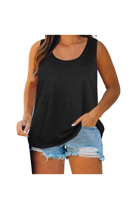 Plus Size Summer Tank Tops for Curvy Women Cotton Loose Sleeveless Scoop Neck T-Shirts Dressy Casual Flowy Tunics Top 2026 Black,L