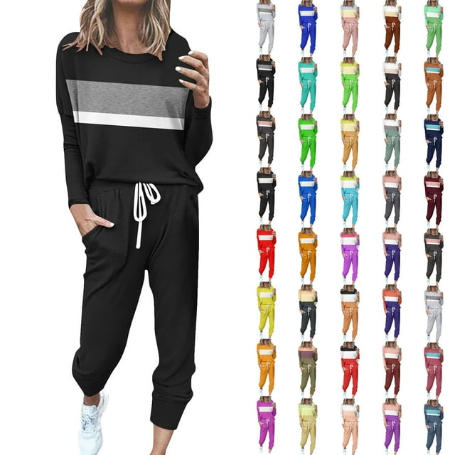 Eryao Plus Size Women 2 Piece Jogger Outfits Sets Color Block Crew Neck Long Sleeve Shirts and Drawstring Sweatpants Tracksuits 2024 Fall Winter Lightweight Loung Suits People Dupes,Black,M
