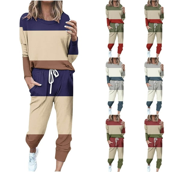 Eryao Plus Size Women 2 Piece Jogger Outfits Sets Color Block Crew Neck Long Sleeve Tops Matching Drawstring Cropped Pants with Pockets 2024 Fall Athletic Loungewear People Free Deals,Army Green,XXL