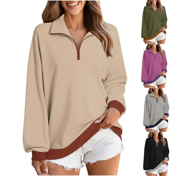 Eryao Preppy Sweatshirts for Women Oversized Quarter Zip Long Sleeve Pullovers Baggy Lightweight Colorblock Tops Army Green M