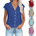 thumbnail image 1 of Eryao Prime By Hour Summer Tops for Women 2025 Trendy Cotton Linen Button Down Shirts Dressy Cap Sleeve Collared Business Casual Blouses,Light Blue,L, 1 of 8