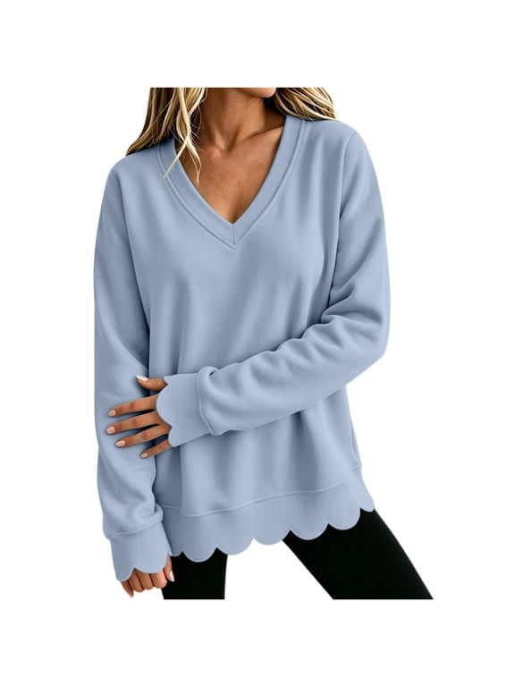 Pull Over Sweatshirt for Womens Fall Winter Lightweight Scalloped Sweatshirts Oversized V Neck Long Sleeve Solid Color Tops Light Blue,S