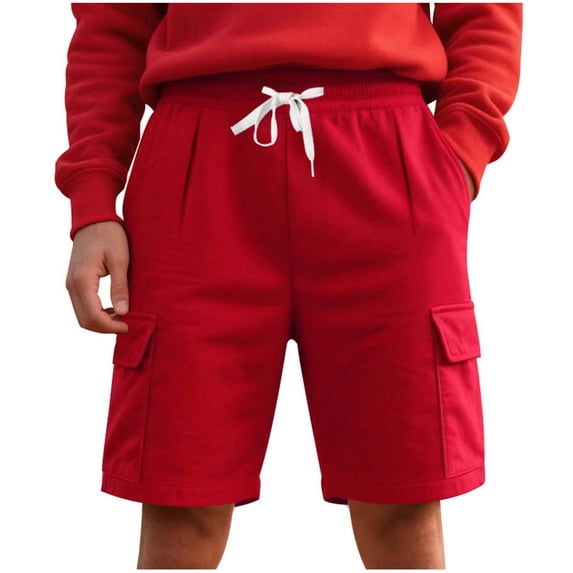 Eryao Red Knee Length Elastic Waist Cargo Shorts for Men Casual Drawstring Athletic Shorts with Pockets Summer Vacation Beach Shorts,L