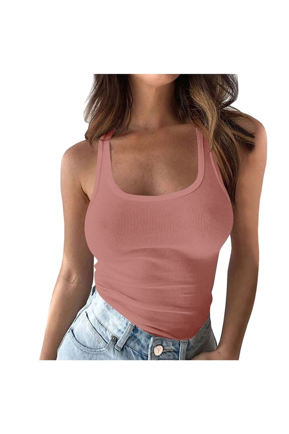 Ribbed Tank Top Women Plus Size Going Out Slim Fit Solid Vest Sleeveless Basic Cami Tops Scoop Neck Shirt Summer Casual Pink,S