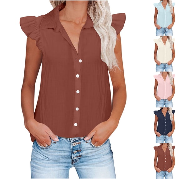 Eryao Ruffle Sleeve Tank Tops for Women Button Down Cotton Linen Tanks Summer Vacation Beach Sleeveless Shirts,Yellow L