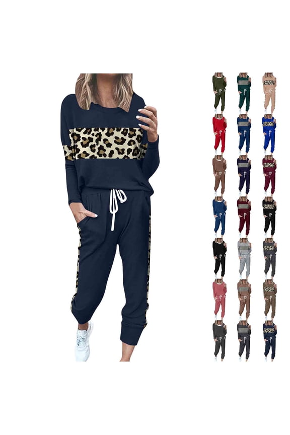2 Piece Outfits for Women Leopard Patchwork Lounge Sets Long Sleeve Pullover Tops and Drawstring Jogger Pants Matching Sweatsuits with Pockets,Gray,L