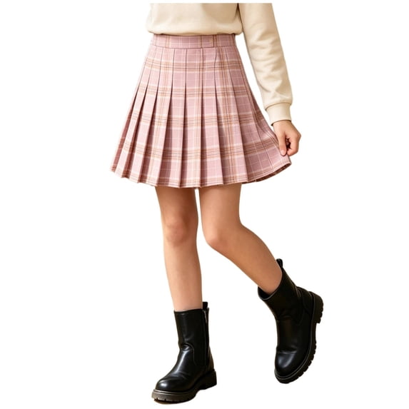 Eryao School Girl Pleated Skirt Preppy A Line Plaid Fall Winter Uniform Skirts with Shorts Casual Comfort Mini Tennis Skorts Pink,9-10 Years