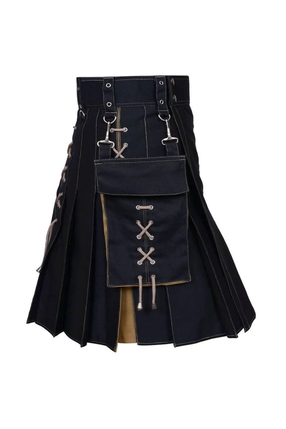 Scottish Highland Kilt for Men Pleated Tartan Skirt with Functional Pockets,Khaki,S