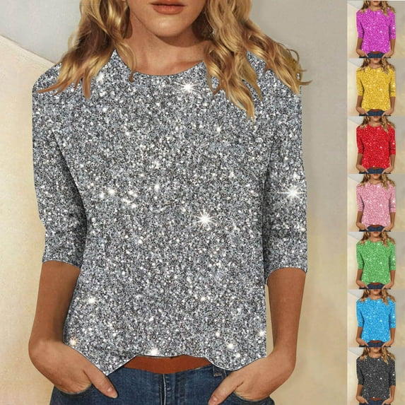 Eryao Sequin Bling Print Shirts for Women Spring Summer 3/4 Length Sleeve Crewneck Tops Party Solid Glitter T Shirt Blouse 2025,Purple,XXL